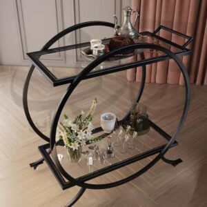 Black Glass Bar Cart – 2-Tier Rolling