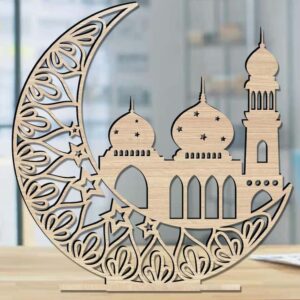 Islamic Wooden Crescent Moon Table Decor, Mosque Design