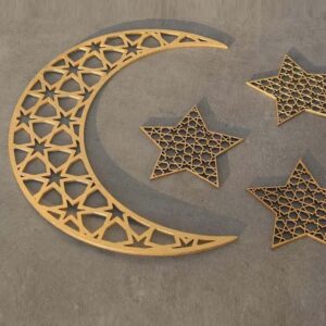 Elegant Ramadan Moon & Star Wooden Wall Decor, 30cm