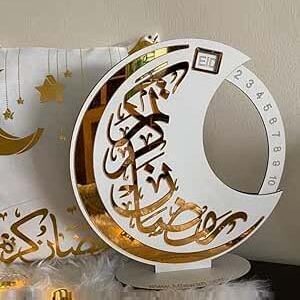Elegant White & Gold Acrylic Crescent Moon Ramadan Decor – 25x25 cm