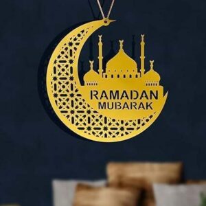 Gold Ramadan Mubarak Hanging Decor – 20x20cm Acrylic Crescent Moon & Mosque Design