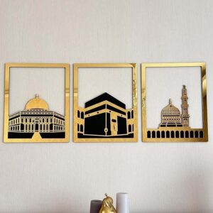 Gold Islamic Wall Art – 3-Piece Mosque Frames