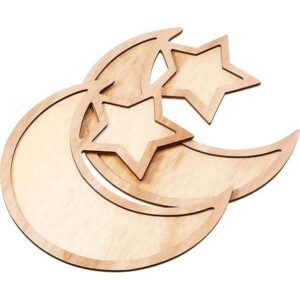 Ramadan Wooden Crescent Moon & Stars – Set of 2, 28x28x0.6 cm Brown Wood Decor