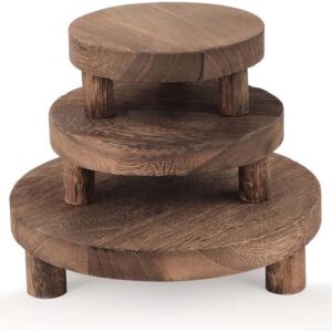 3PCS Wooden Display Risers, Rustic Round Pedestal Stand Set