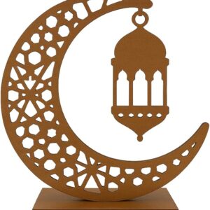 Brown Wooden Crescent Moon with Lantern – 18x19.5x3.6 cm Ramadan & Eid Decorative Lamp