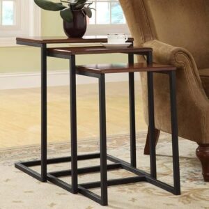 Set of 3 Rustic Wood Nesting Tables – Industrial C-Shaped Side & End Tables with Metal Frame, Brown & Black