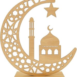 Wooden Crescent Moon Ramadan Lamp with Mosque & Star Design – Natural Islamic Table Décor