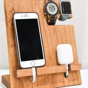 Wooden Charging Stand & Multi-Device Organizer – Phone, Watch & AirPods Dock (20x7x25 cm)