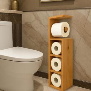 Freestanding Wooden Toilet Paper Stand – 4-Roll Bathroom Tissue Holder & Storage Rack (85 cm, Brown)