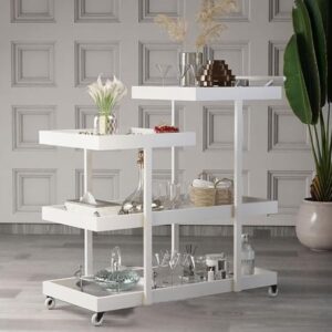 Modern 4-Tier White Acrylic & Glass Serving Trolley with Lockable Wheels – 80x40x90 cm Elegant Bar Cart
