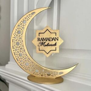 Gold Wooden Ramadan Mubarak Crescent Table Décor