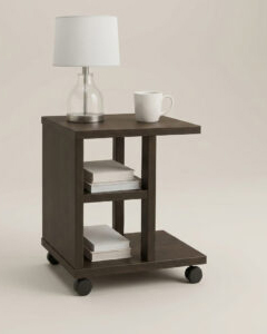 Brown Wooden C-Shaped Side Table with Wheels & Shelves