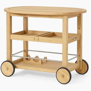 Round Wooden Bar Cart with Wheels – Natural Finish .