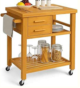 Gold Wooden Kitchen Cart with Drawers & Shelves – 81.2×54.6×90 cm .