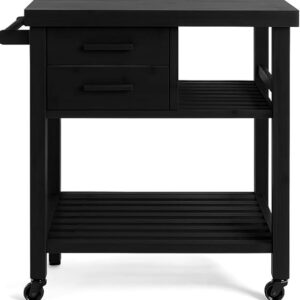 Black Wood Kitchen Cart with Drawers & Shelves – 81.2 × 54.6 × 90 cm .