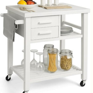 White Wood Kitchen Cart with Drawers & Shelves .