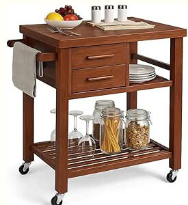 Brown Wood Kitchen Cart with Drawers & Shelves – Rolling Kitchen Island Trolley 81.2 × 54.6 × 90 cm .