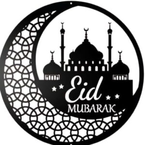 Eid Mubarak Black Acrylic Wall Art – Crescent Mosque Design 40x40 cm .