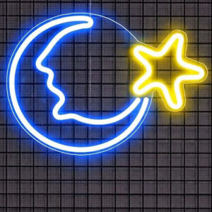 Horoof Home Moon Star Neon ? Acrylic LED Wall Light, Yellow and blue Glow, 37.5x28.7cm Night Light for Kids Room, Nursery, Bedroom, Wall Dcor.