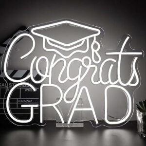 Horoof Home Congrats Grad Neon ? 42x32cm LED Graduation Party Decoration ? White Acrylic Neon Light with Cap Design for Wall, Table, or Photo Booth Display.