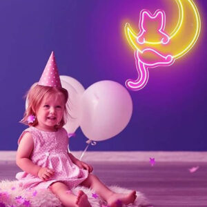 Horoof Home Cat and Moon Neon ? Pink and Yellow LED Wall Light, 40.6x29.3cm Acrylic Neon Art for Bedroom, Living Room, Kids Room, or Caf Decor ? Cute Aesthetic Light .