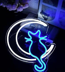 Horoof Home Cat Moon Neon Wall Decor ? Blue and White LED Light, Acrylic, 42x33cm, Hanging Night Lamp for Bedroom, Living Room, Bar, Caf, Party.